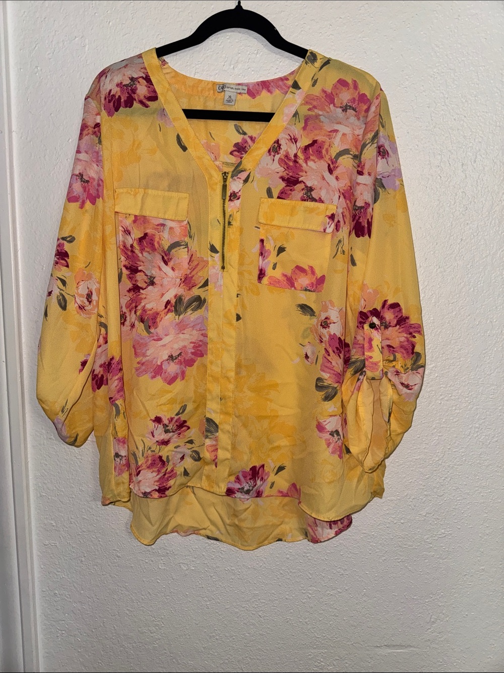 Cato Yellow Floral V-Neck Tunic with Pink Accent Print